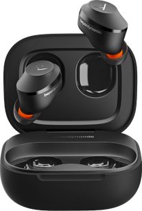 Ακουστικά ενδοωτιαία Beyerdynamic Amiron 300 μαύρα με πορτοκαλί άκρα, παρουσιάζονται σε ανοιχτή μαύρη θήκη φόρτισης