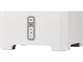 Бял мрежов аудио плейър Sonos CONNECT, гледан отпред, с бутони за управление на възпроизвеждането/пауза и силата на звука отгоре