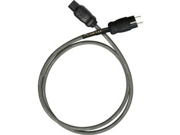 Cabo de alimentação Cardas Iridium Power 1,5m, revestimento cinza, conectores pretos, vista de cima, texto branco no revestimento