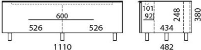 Spectral Scala SC1104 audio-videomøbel set forfra, teknisk tegning fra siden med dimensioner i millimeter