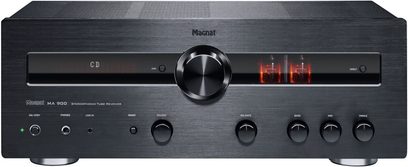 Magnat MA 900 sort hi-fi stereforstærker, frontvisning med knapper, drejeknapper, display og to glødende vakuumrør
