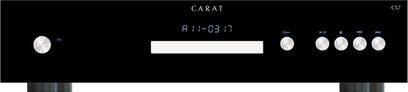 Sort Carat C57 CD-afspiller, frontvisning, blåt digitalt display, 5 sølvfarvede kontrolknapper