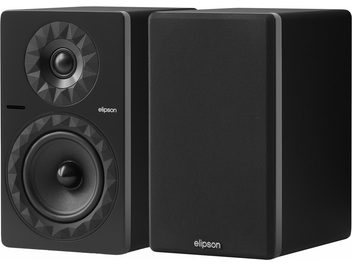 Enceintes connectées Elipson Prestige Facet II 6B BT noir mat, une avec grille, une avec haut-parleurs apparents