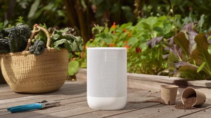 Altoparlante portatile Sonos bianco cilindrico su una terrazza in legno in mezzo a un orto