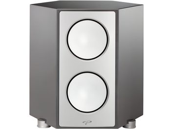 Paradigm Persona SUB centerhøjttaler i metallisk grå med satinfinish, hvid front med to cirkulære højttalere placeret lodret og cylindriske fødder, set forfra