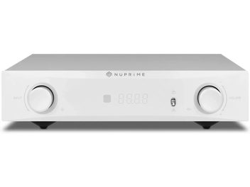 Ampli hi-fi intégré stéréo Nuprime IA-9X argent, vue de face, boutons circulaires à gauche et à droite, affichage numérique central