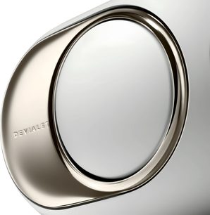 Boxă DEVIALET Phantom Ultimate 98 dB albă, prim-plan lateral pe membrană circulară înconjurată de metal polizat auriu