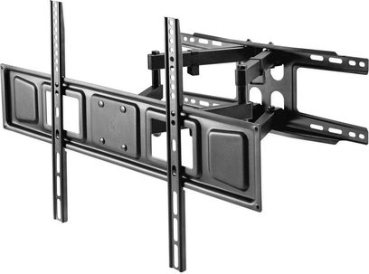 Schwarze Metall-Wandhalterung für Flachbildschirme, Frontansicht, ausgefahrene schwenkbare Arme, vertikale Wandbefestigung