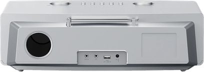 Bordradio FM eller digital Internett Kenwood CR-ST700SCD sølv, bakside, USB-kontakter, AUX IN, DC IN, hodetelefonutgang, høyttaler