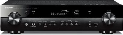 Yamaha RX-S602 schwarzer Heimkino-Verstärker, Frontansicht, Bedienknöpfe und Regler, digitales Display, Kopfhörer- und USB-Anschlüsse