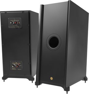 Subwoofer Gold Note v matné černé, pohled zepředu a zezadu, kruhový bassreflex na přední straně a terminály na zadní straně