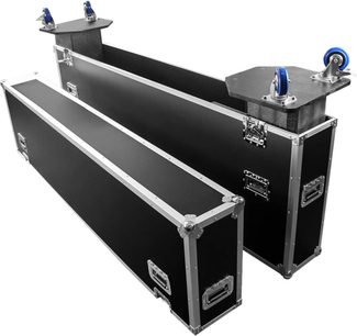 Svart flightcase for skjerm Power Acoustics Flight Ecran 75/85, åpen, med sølvfargede kanter og blå hjul