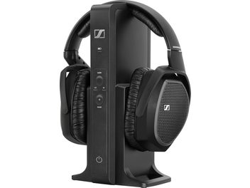 Sennheiserin RS 175 -malli on avoin hi-fi-kuuloke, jossa on leveät korvapehmusteet ja pehmustettu päälakisanka. Kuvassa näkyy kuulokkeen vasen puoli sivulta kuvattuna. Oikean korvapehmikkeen kyljessä on säätimet.
