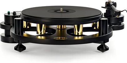 Michell Engineering Gyro SE platespiller, frontvisning, sort perforert metallchassis, gullvekter, sort tallerken, rett tonearm