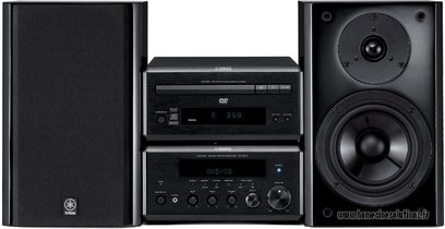 Sort Yamaha E-810 stereo hi-fi-anlæg bestående af to højttalere, en cd-afspiller og en forstærker, set forfra