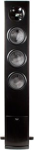 Klipsch Icon WF-35 sort gulvhøjttaler, set forfra, med 3 runde højttalere og en diskant, på en rektangulær fod