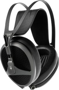 Sluchátka Meze Elite Tungsten otevřená, černá a kovově šedá, pohled z tří čtvrtin zleva, kabel s jack 6,35 mm