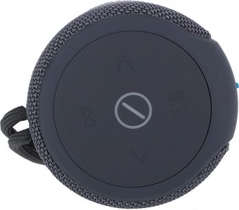 Bluetooth-højttaler Yourban Getone 30 grå MK2, set ovenfra, cirkulær form, glat overflade, synlige symbolske knapper