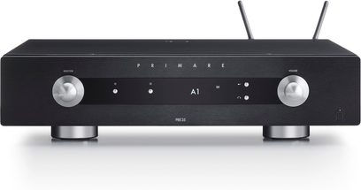 Preamplificatore stereo Primare PR35 prisma DM36 nero, frontale nero con pulsanti e display, due antenne Wi-Fi sul retro