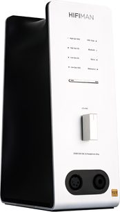Préampli casque haute-fidélité Hifiman EF600, vue de trois quarts, face avant blanche, bouton de volume central, connecteurs en bas