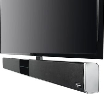 Mat sort Vogel's NEXT 8375 soundbar på grå metalvægholder under slank sort TV-skærm