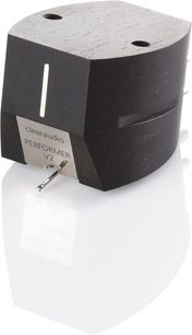 ClearAudio Performer V2 sort pladespiller, frontvisning i nærbillede, med mærkat på siden