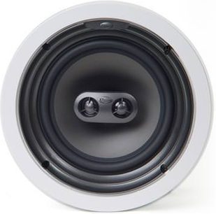 Klipsch R2800CSM indbygget højttaler, tæt forfra, hvid grill, sorte højttalere, sølvfarvet logo i midten