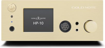 Hodetelefonforforsterker i høyoppløselig lyd HP-10 BT gull, frontvisning, rektangulært gullfarget kabinett, sentralt display, kontakter og dreieknapp
