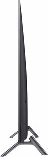 Samsung UE65MU7045 TV set, set fra siden, flad skærm, mørk grå metalramme og -fod, omvendt Y-form