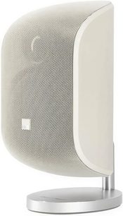 Kompakt Bowers & Wilkins M1 MK2 højttaler i hvid, set fra siden, afrundet form, hvid gitterbeklædning, cirkulær base