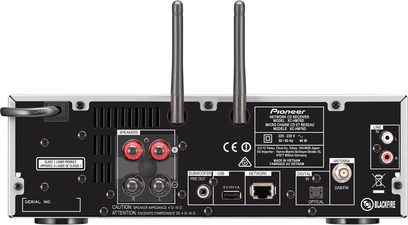 Pioneer X-HM76D sort hi-fi mini-anlæg, bagside, audio/video-tilslutninger, antenne, USB- og netværksporte, hovedtelefon- og mikrofonindgange