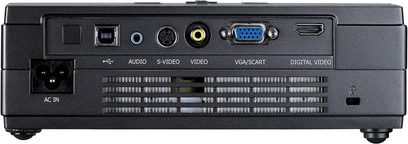 Optoma 7155 sort videoprojektor, bagside, analog og digital audio/video-tilslutning, VGA/SCART-port, tænd/sluk-knap