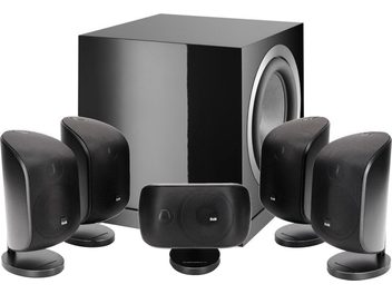 Комплект компактних акустичних систем Bowers & Wilkins MT80-D у чорному лакованому виконанні: 5 чорних колонок, 1 чорний кубічний сабвуфер