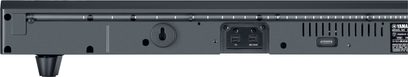 Yamaha YAS-201 sort soundbar, set forfra, med kontrolknapper, tilslutningsporte og LED-display