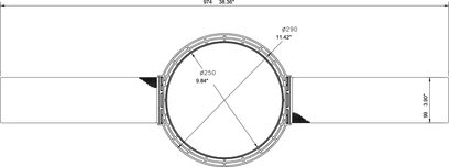 Teknisk oversigtstegning af en cirkulær metalring med dimensioner i millimeter og tommer