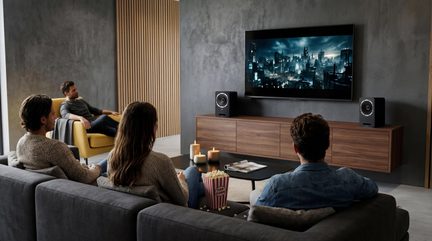 Paar zwarte boekenplankluidsprekers voor home cinema rond een wandgemonteerde televisie in een moderne woonkamer