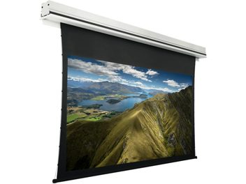 Schermo di proiezione motorizzato Lumene Show Place UHD4K 200C Acoustic che mostra un paesaggio montuoso con un lago e nuvole