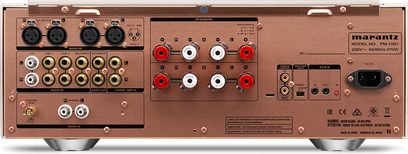 Wzmacniacz hi-fi stereo Marantz PM-10S1 w kolorze srebrno-złotym, widok z przodu. Złącza, przyciski i elementy sterujące na przednim panelu