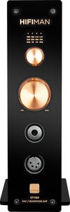 High-fidelity headphone preamp Hifiman EF499, front view, gold volume knob, 2 jack inputs, 1 XLR input, 1 R2R logo