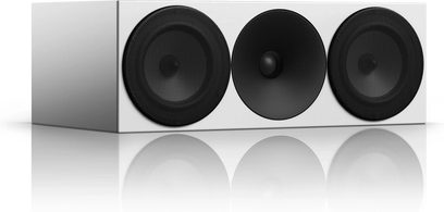 Amphion Argon 5C centrale luidspreker zwart en wit. Drie ronde zwarte luidsprekers tegen een witte achtergrond, vooraanzicht