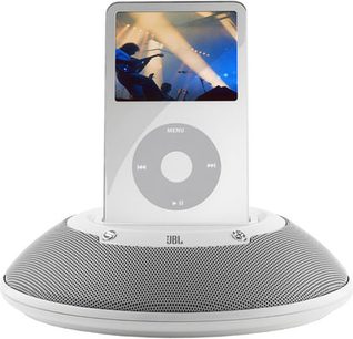 JBL On Stage Micro II white docking station, front view with display showing a playing iPod