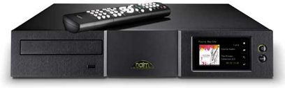 Naim Audio HDX-SSD sort netværksaudioafspiller, set forfra, med LCD-skærm, CD-afspiller, USB-porte og frontbetjeningsfunktioner