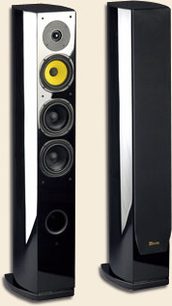 Davis Acoustics Sisley gulvhøjttaler i sort højglans, sort blankt frontpanel, gule og sølvfarvede højttalerenheder