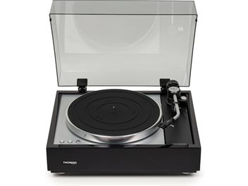 Gramofon Thorens TD 1600 TP160 černý, pohled zepředu, průhledné víko zvednuté, stříbrný kruhový talíř, rameno s čtecí hlavou vpravo