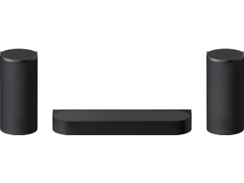 Compact black Sony Bravia Theatre Trio speaker package with central soundbar and two cylindrical side speakers