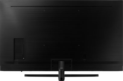 Samsung UE82NU8005 sort TV, set forfra, slukket skærm, rektangulær sort midterfod