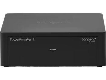 Amplificator hi-fi Tangent PowerAmpster III negru, compact, cu panou frontal minimalist, logo și indicator de standby