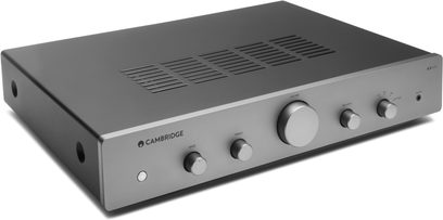 Cambridge Audio AX-A25 silver stereo hi-fi amplifier, front view, 4 rotary knobs, 1 push button, black grill
