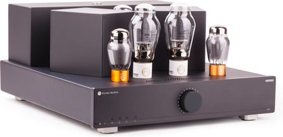 Amplificatore a valvole Feliks Audio Arioso 300B nero, vista frontale a tre quarti con quattro valvole visibili