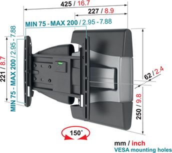 Vægmonteret sort drejelig og vippelig TV-holder, dimensioner i mm, VESA-monteringshuller, bæreevne min. 75 maks. 200 kg